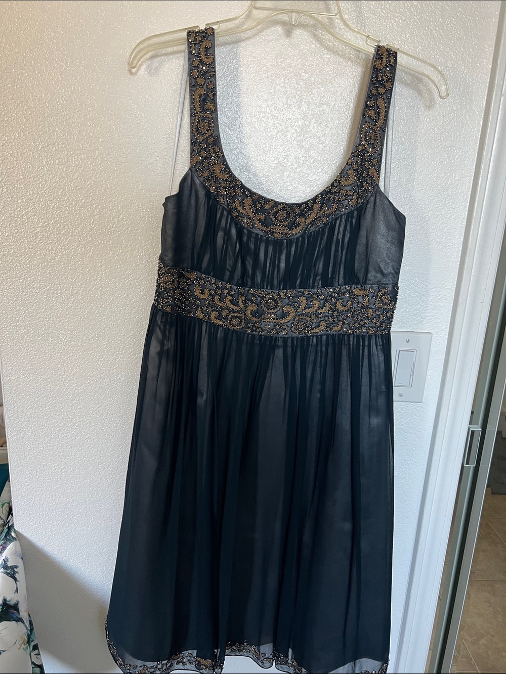 Adrianna Papell Black Dress with Gold Beaded Accents